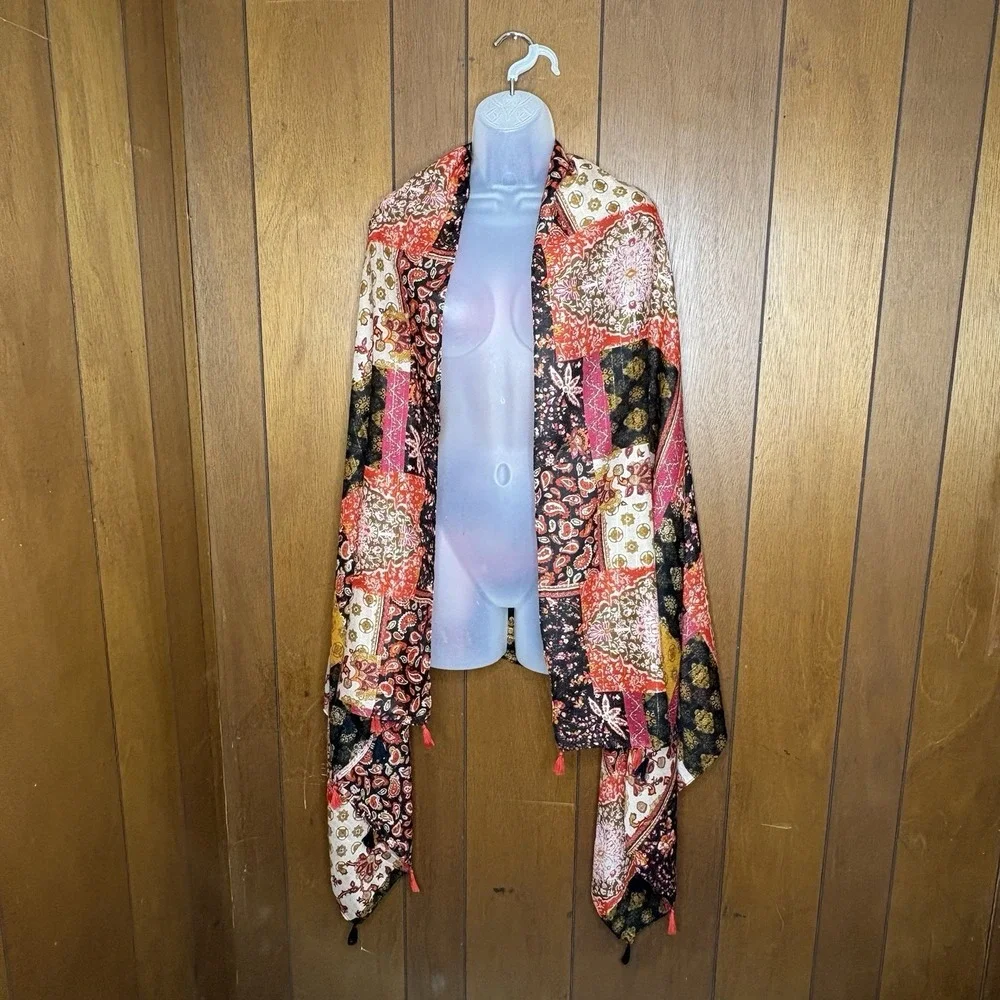 Oversized Boho Patchwork Print Scarf Wrap Shawl Tassel‎ 73x34 Earthy Festival
